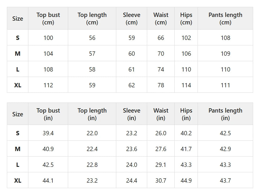 Size chart for geometric print blouse and wide-leg trousers set