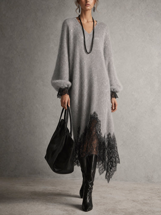 Gray shimmer knit lace hem midi dress, front view