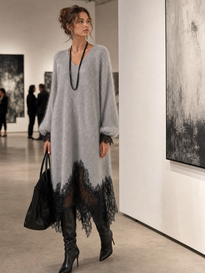 Gray shimmer knit midi dress with deep V-neck