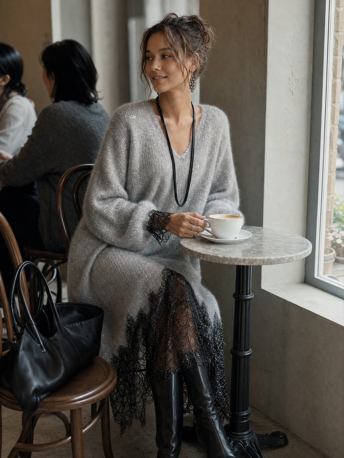 Gray knit midi dress with voluminous sleeves