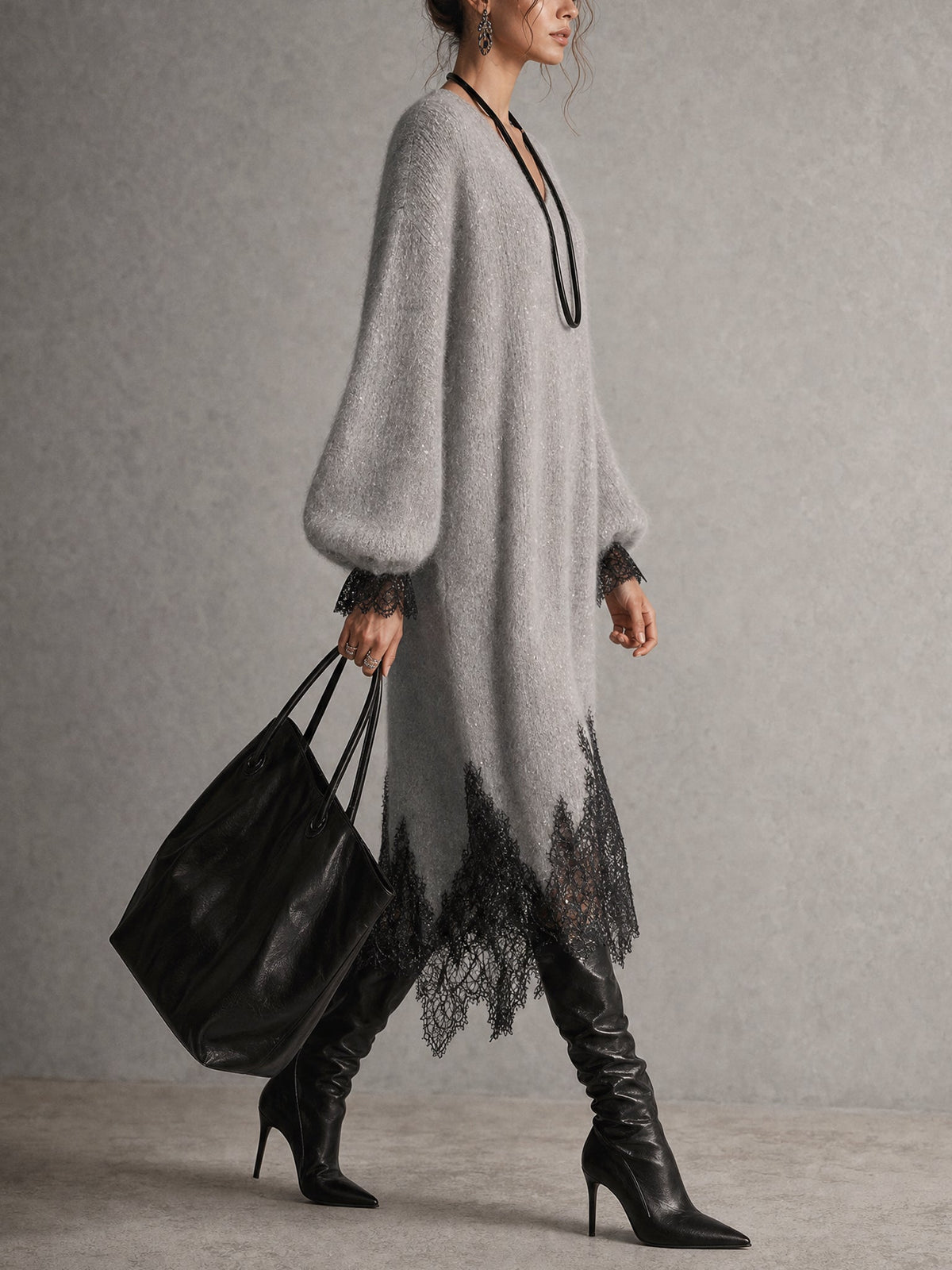 Gray shimmer knit midi dress lace hem detail