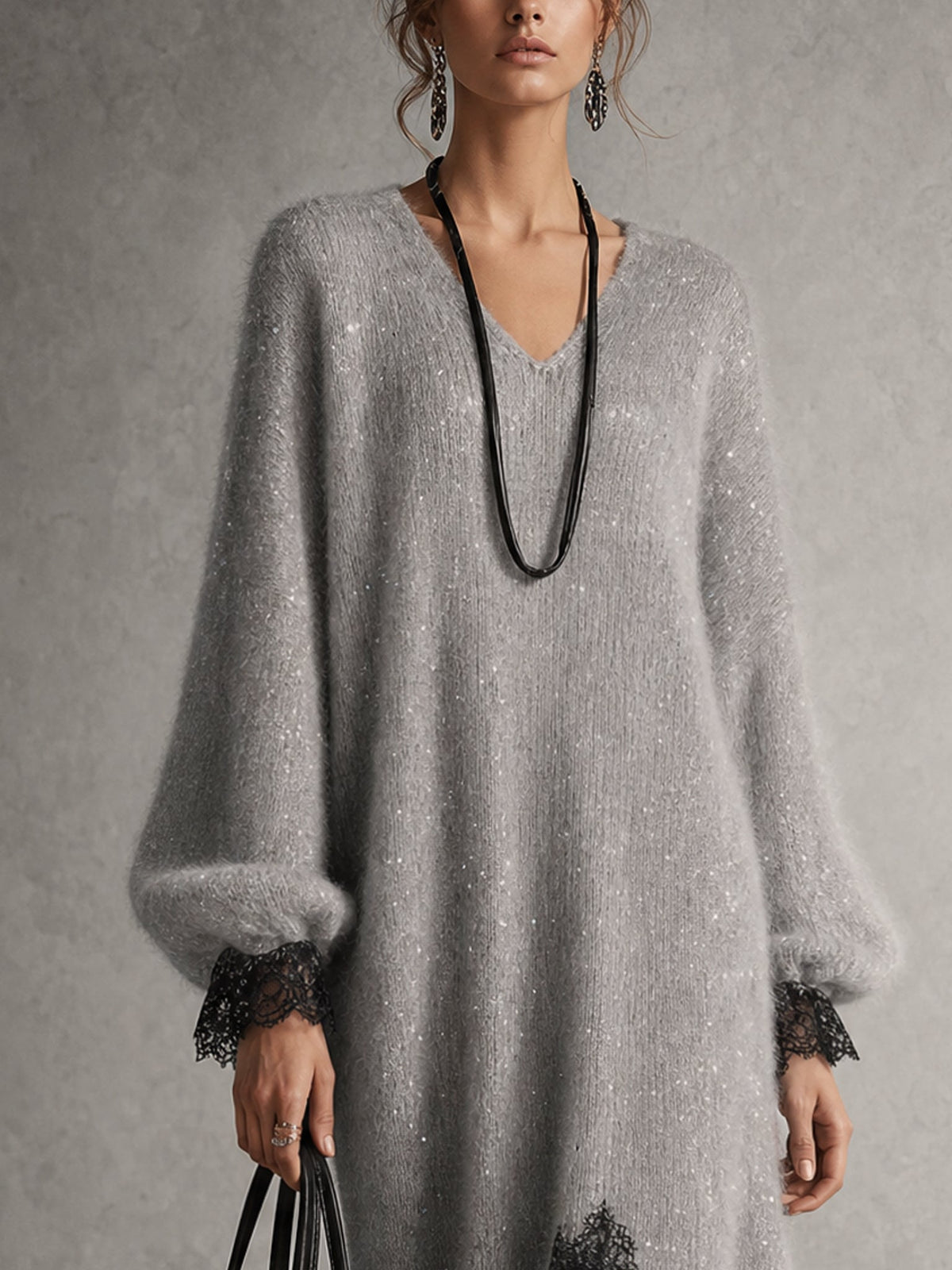Gray shimmer knit midi dress, side view