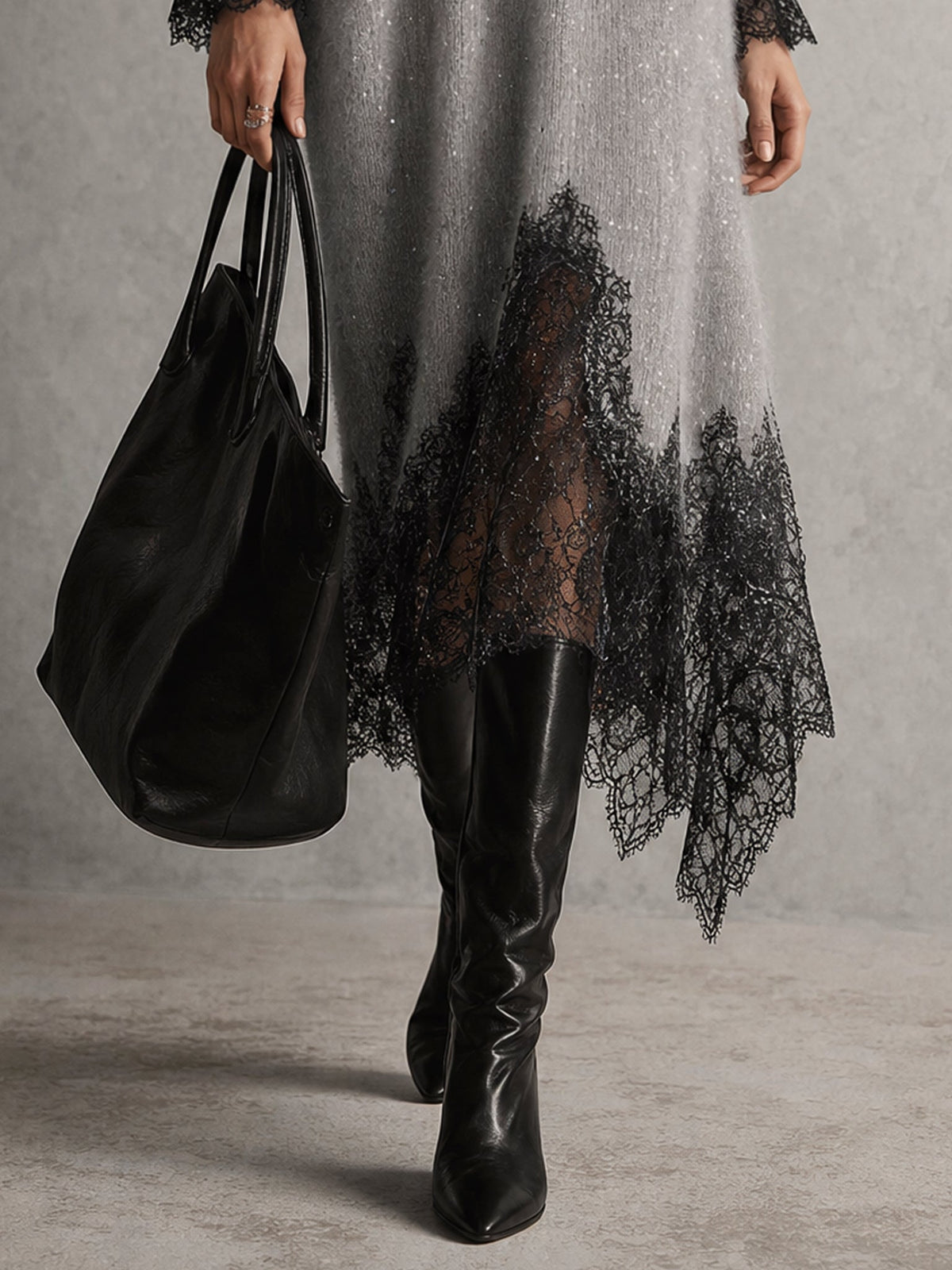 Gray shimmer knit midi dress, back view