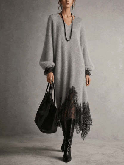 Gray shimmer knit midi dress in motion