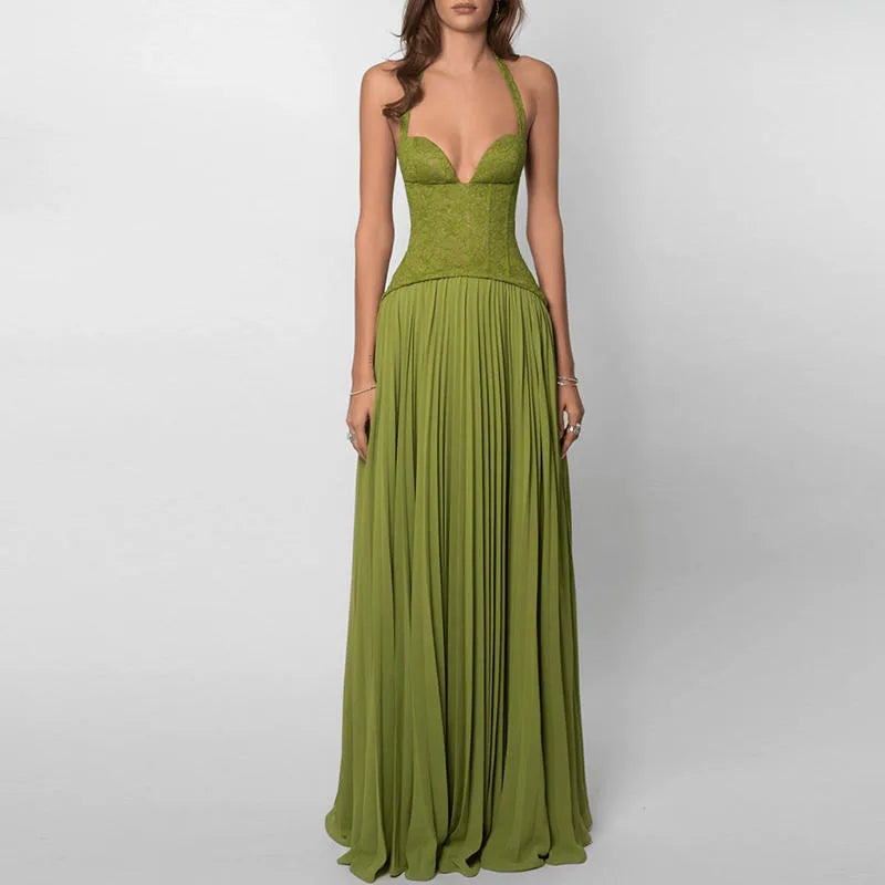 Women's green corset-style maxi dress with pleated skirt, front view