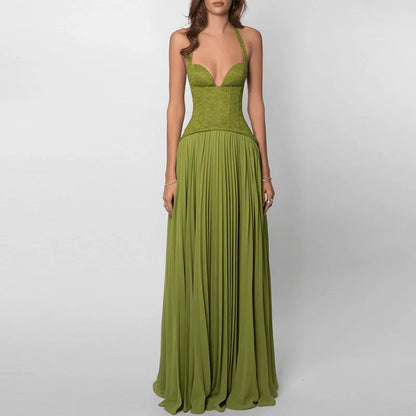 Women's green corset-style maxi dress with pleated skirt, front view