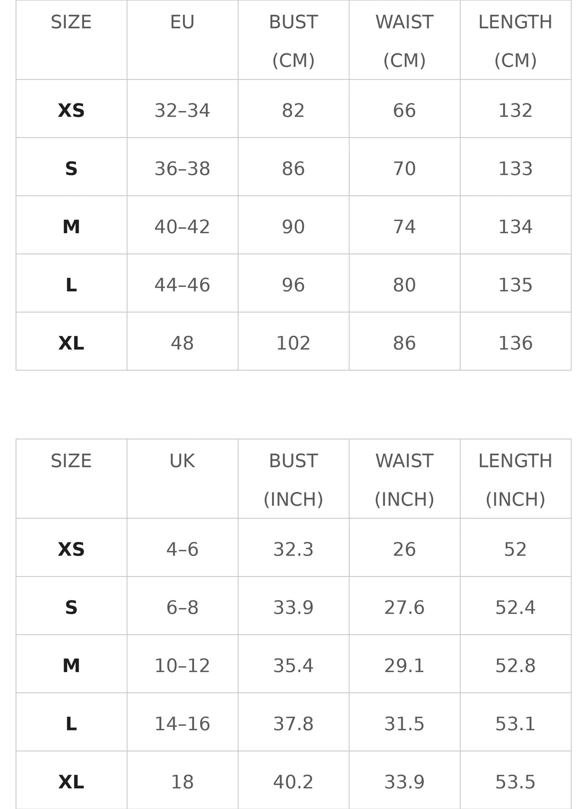Size chart for the green corset-style maxi dress with pleated skirt