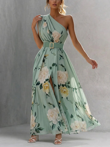 Women's green floral one-shoulder maxi dress with slit, front view