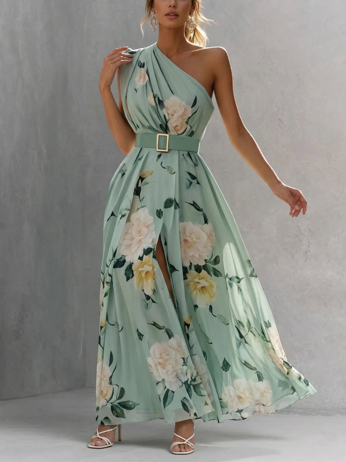 Women's green floral one-shoulder maxi dress with slit, front view