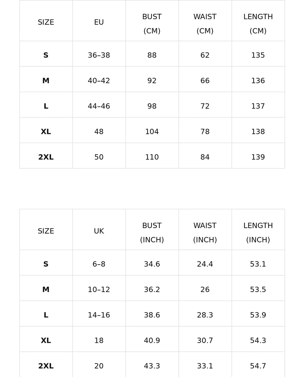 Size chart for the green floral one-shoulder maxi dress with slit