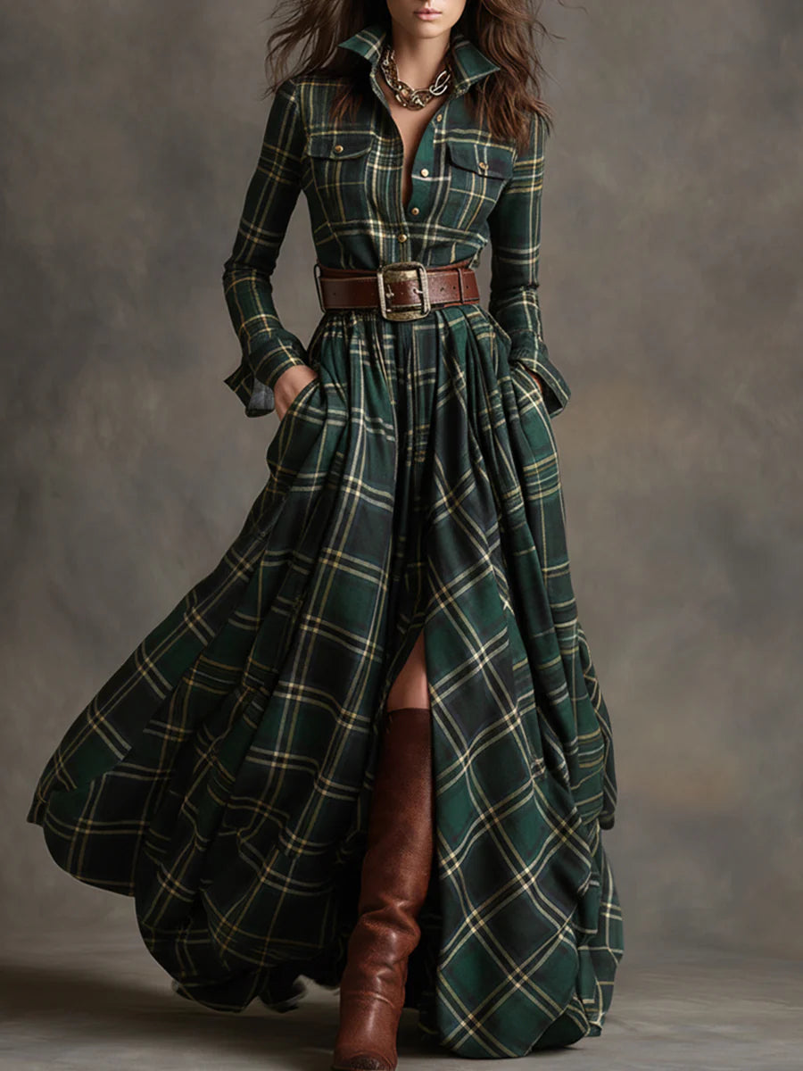 Green plaid shirt maxi dress with adjustable belt