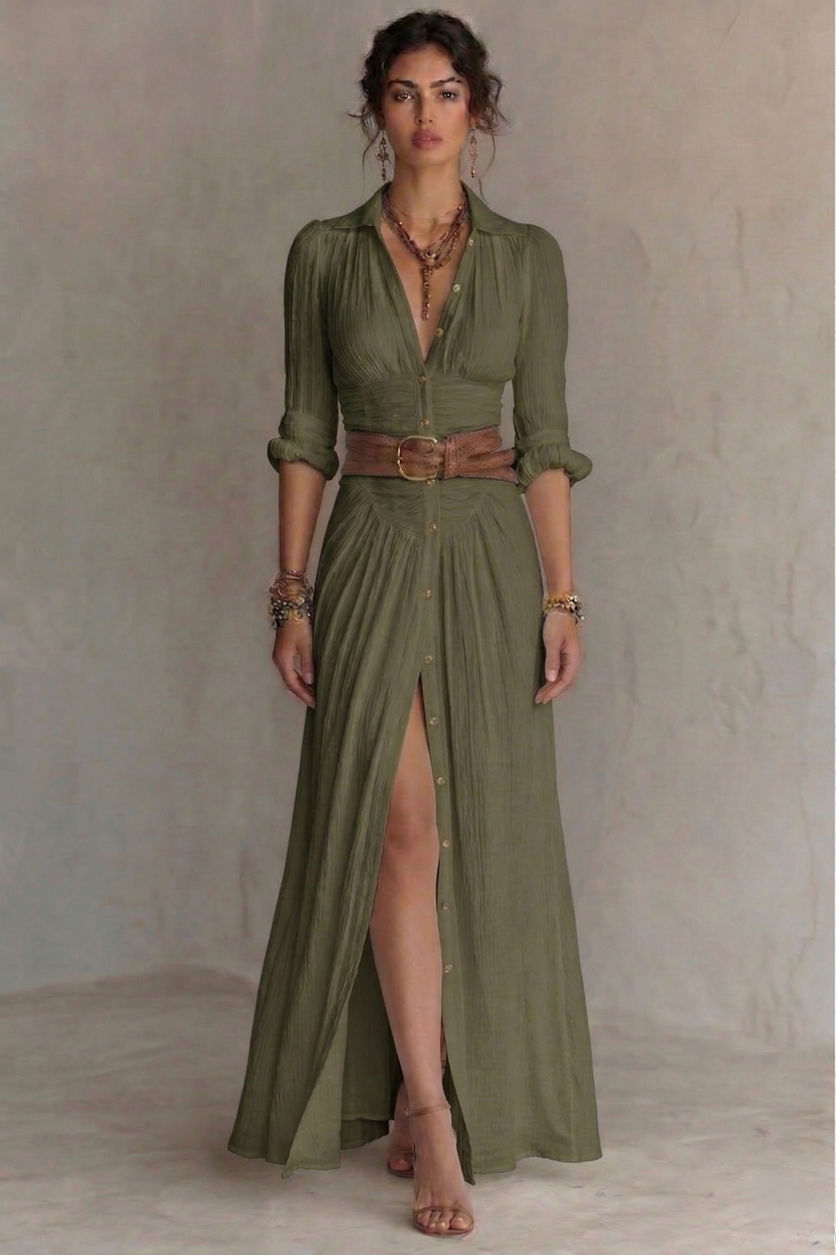 Green pleated V-neck maxi dress with belt