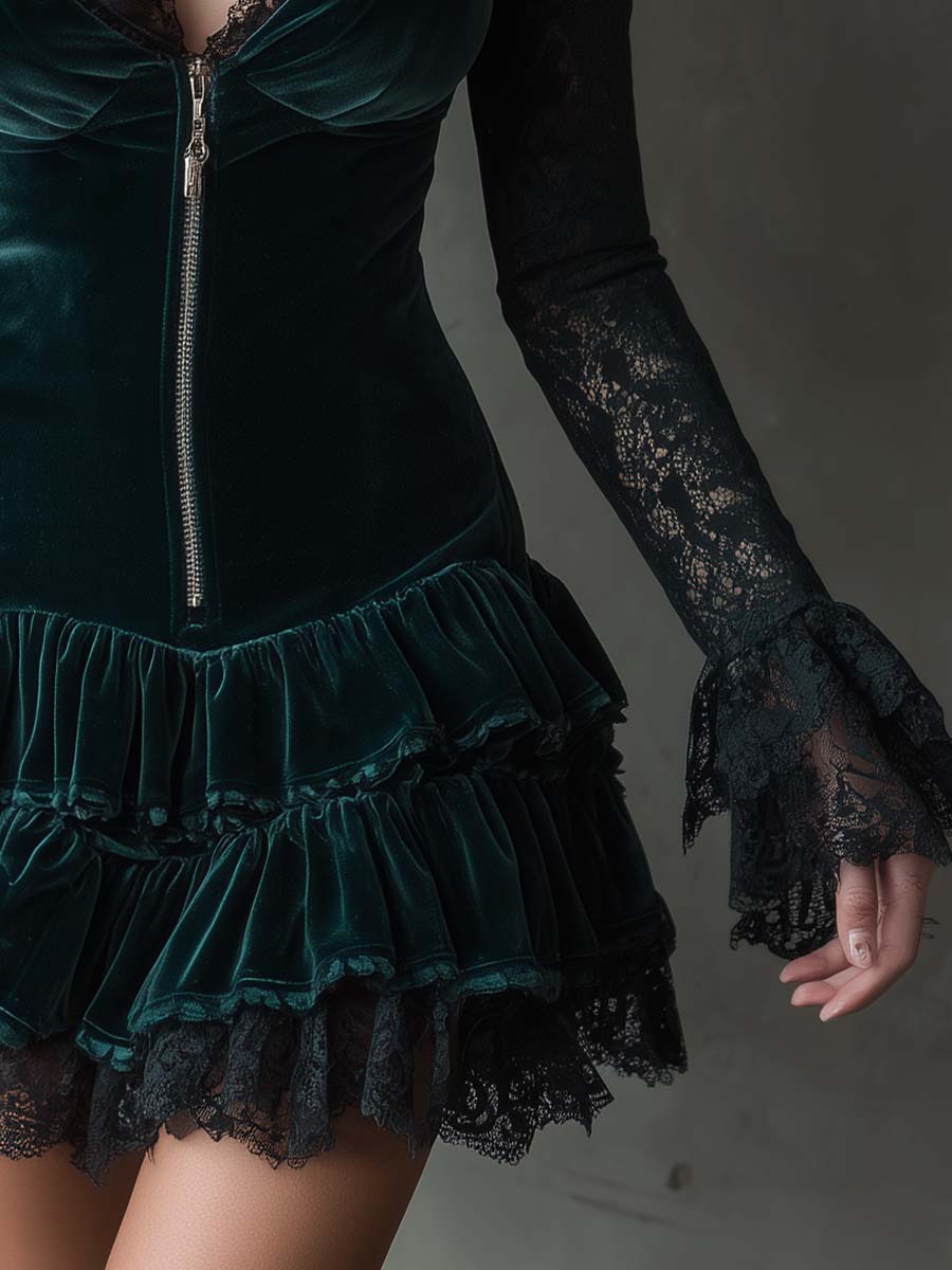 Green velvet mini dress lace cuff detail
