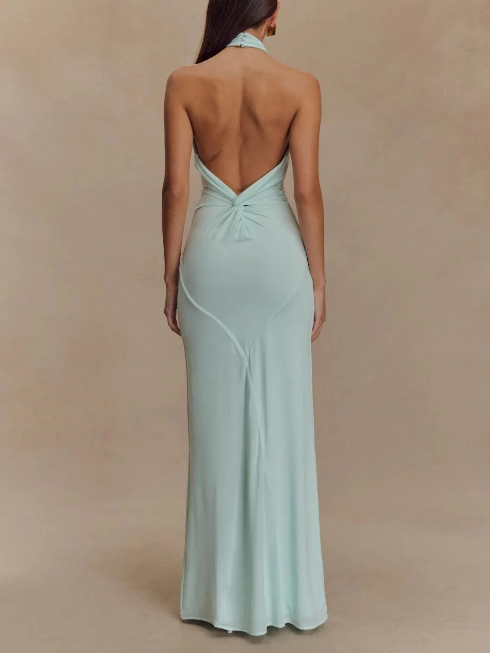 Women's halter maxi dress with open back and gathered detail, aqua, back view