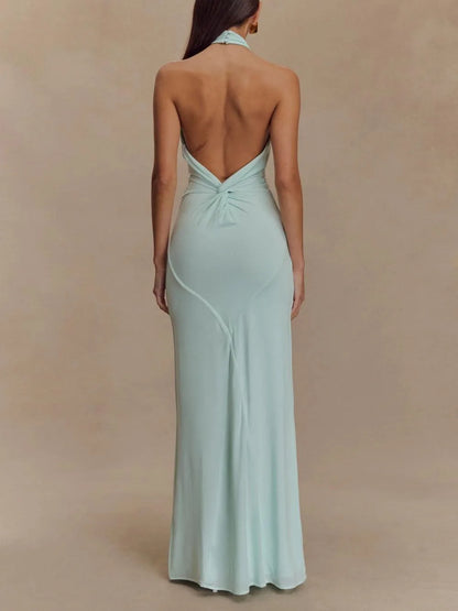 Women's halter maxi dress with open back and gathered detail, aqua, back view
