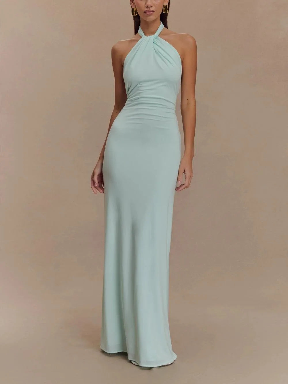 Women's halter maxi dress with open back and gathered detail, aqua, front view