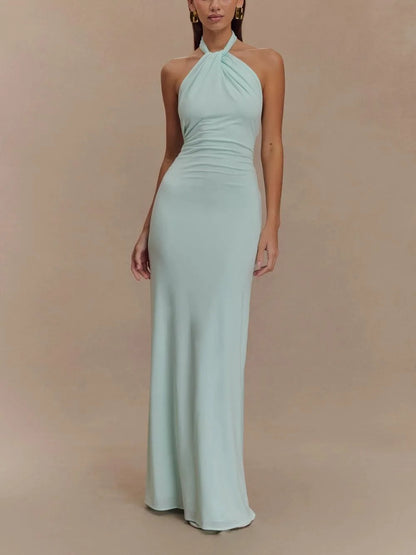 Women's halter maxi dress with open back and gathered detail, aqua, front view