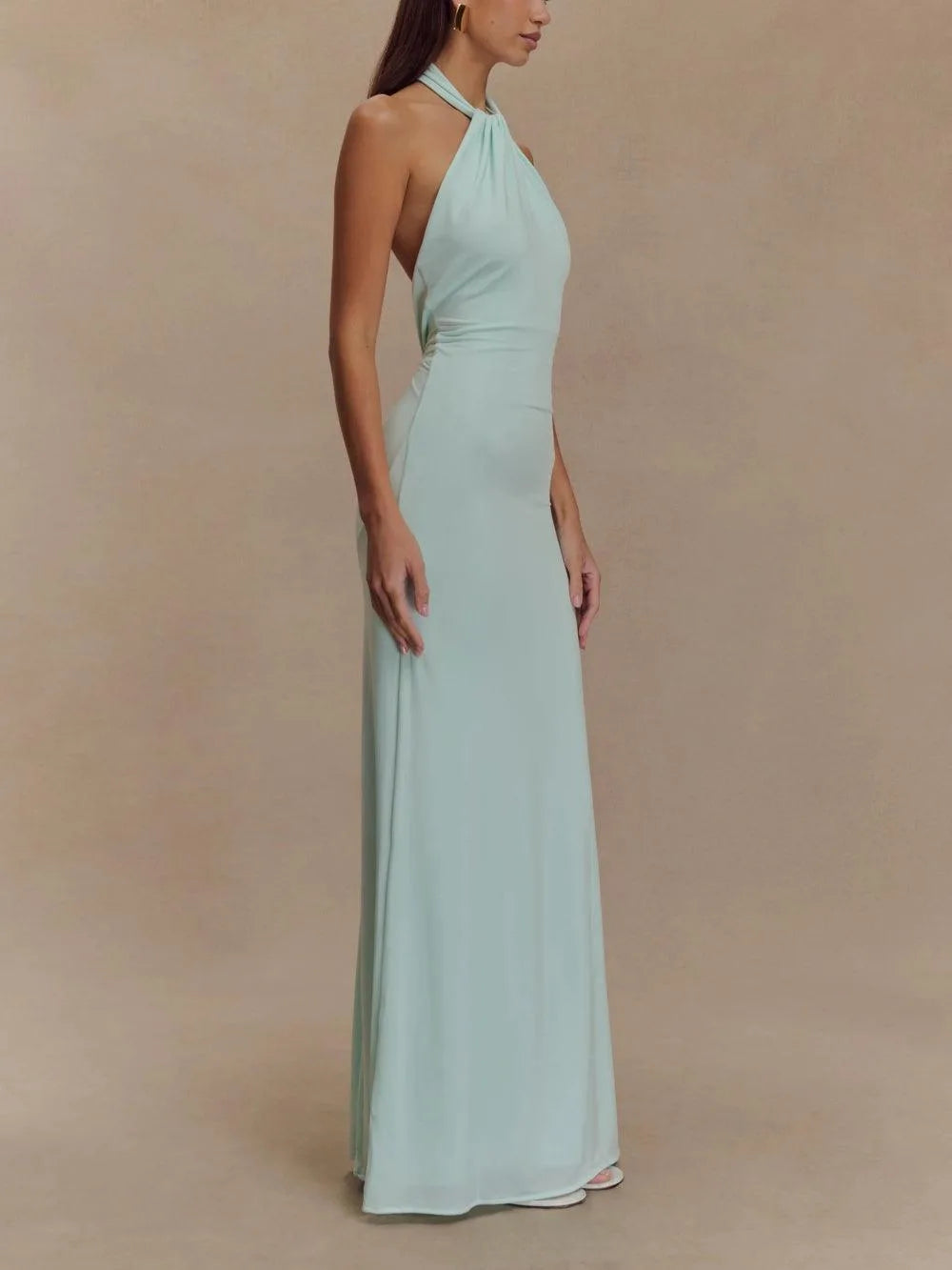 Women's halter maxi dress with open back and gathered detail, aqua, side view