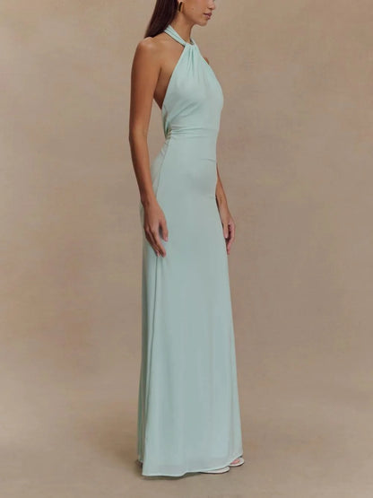 Women's halter maxi dress with open back and gathered detail, aqua, side view