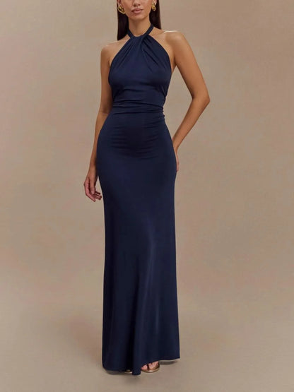Women's halter maxi dress with open back and gathered detail, blue, front view
