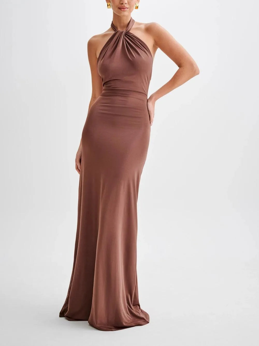 Women's halter maxi dress with open back and gathered detail, brown, front view