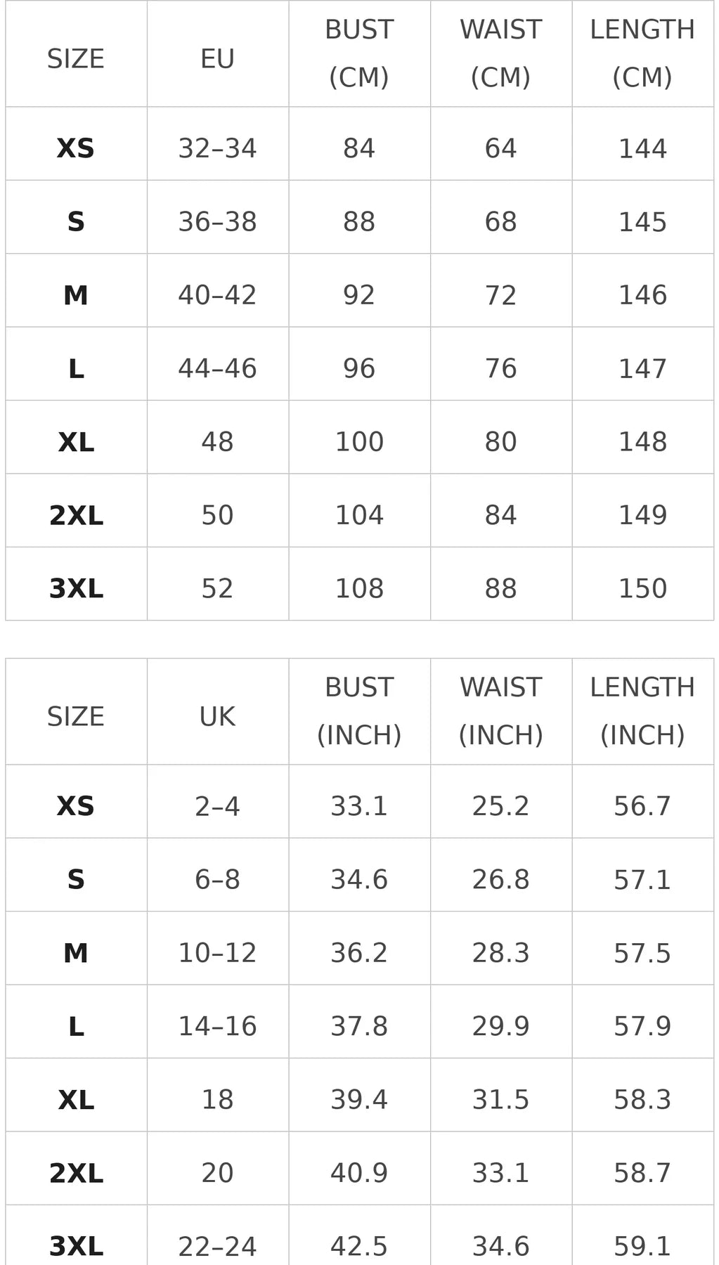 Size chart for the halter maxi dress with open back and gathered detail