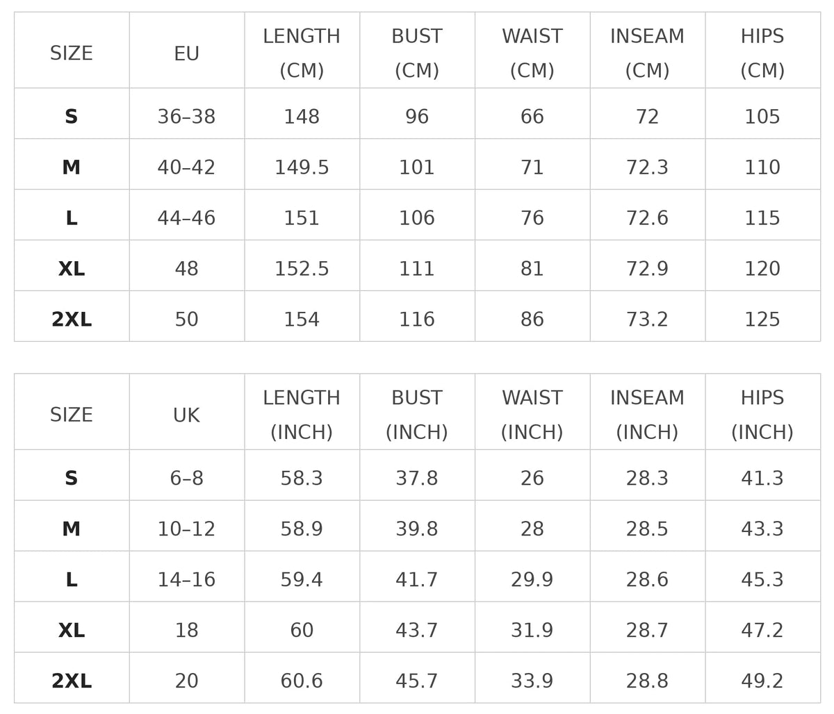 Size chart for halter-neck jumpsuit with cinched waist and wide legs