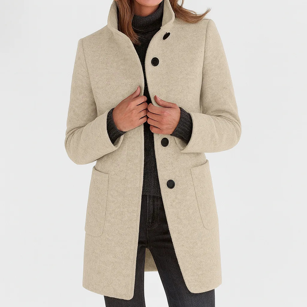 Women's high-collar button-front coat with pockets, beige, front view