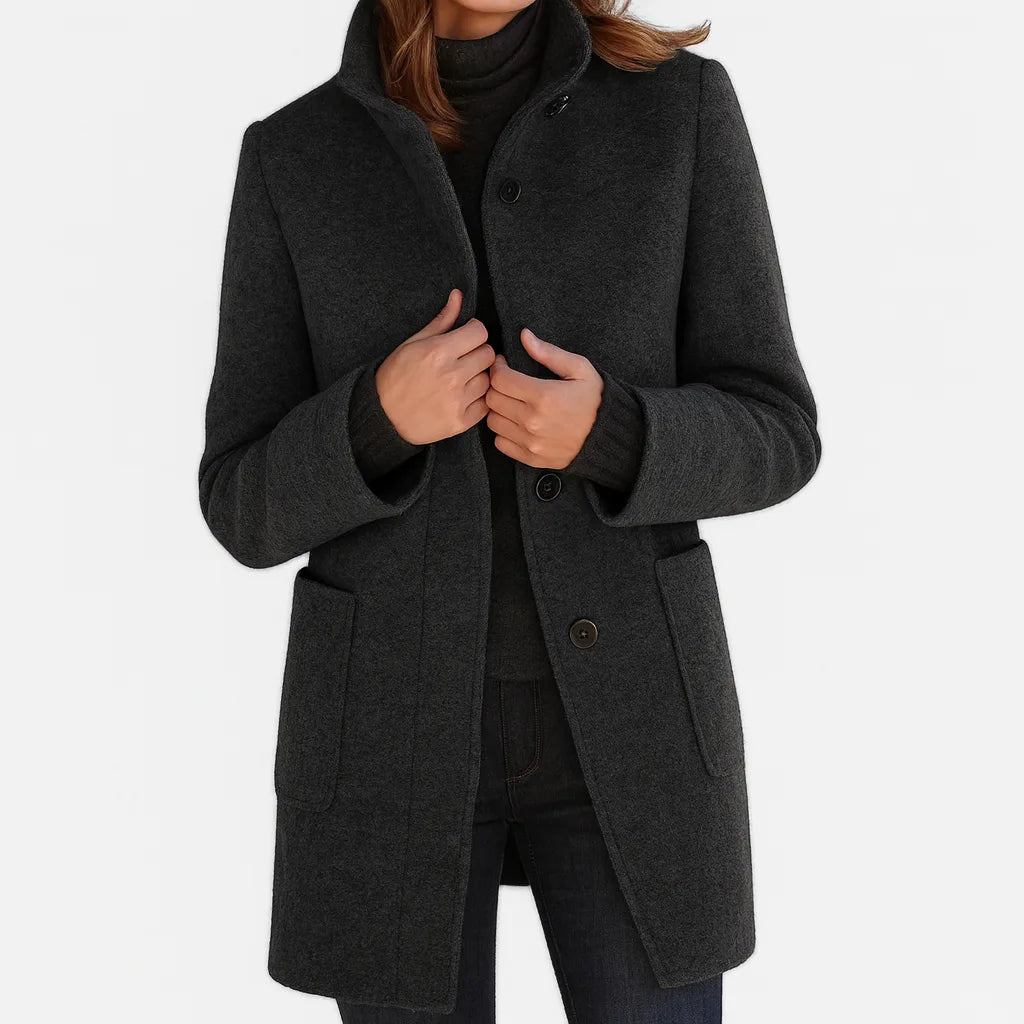Women's high-collar button-front coat with pockets, black, front view