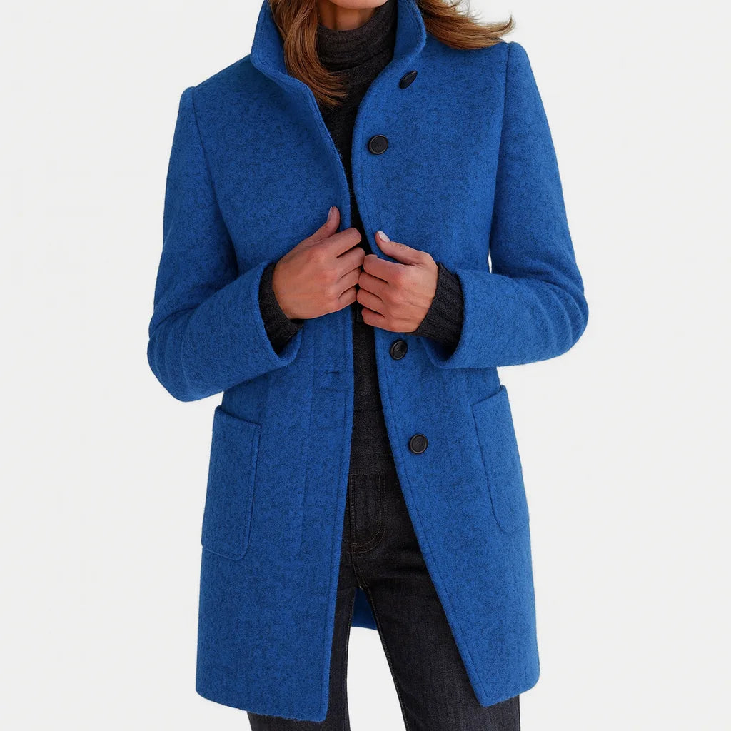 Women's high-collar button-front coat with pockets, blue, front view