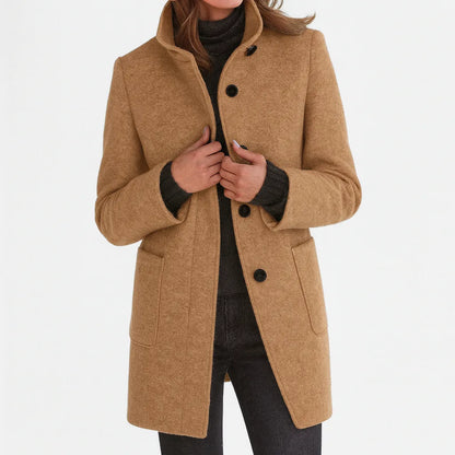 Women's high-collar button-front coat with pockets, camel, front view