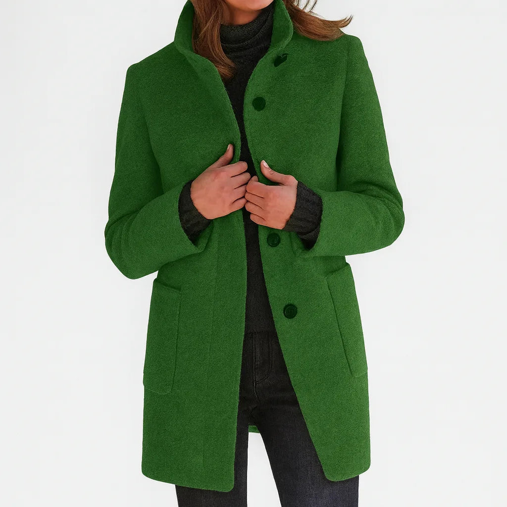 Women's high-collar button-front coat with pockets, green, front view