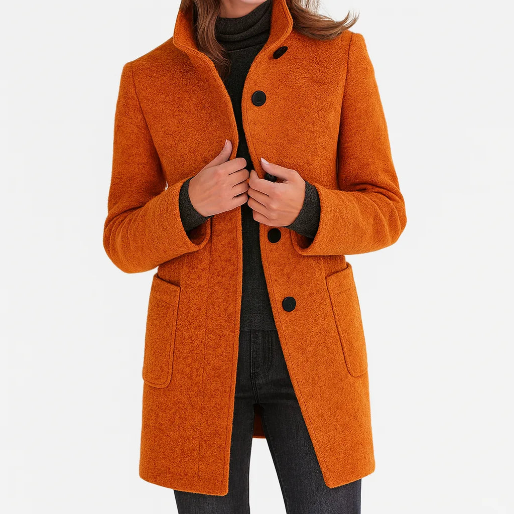 Women's high-collar button-front coat with pockets, orange, front view