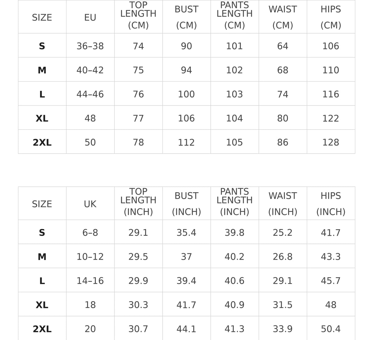 Size chart for high-neck button-front top and wide-leg pants set