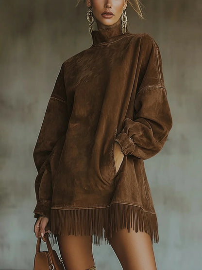 Women's high-neck fringe-hem tunic dress with balloon sleeves, brown, front view