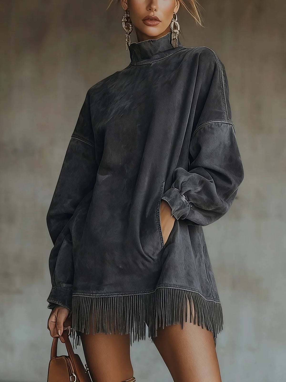 Women's high-neck fringe-hem tunic dress with balloon sleeves, dark grey, front view