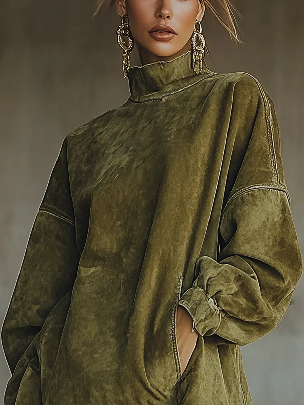 Women's high-neck fringe-hem tunic dress with balloon sleeves, green, close-up of the high neck and sleeve