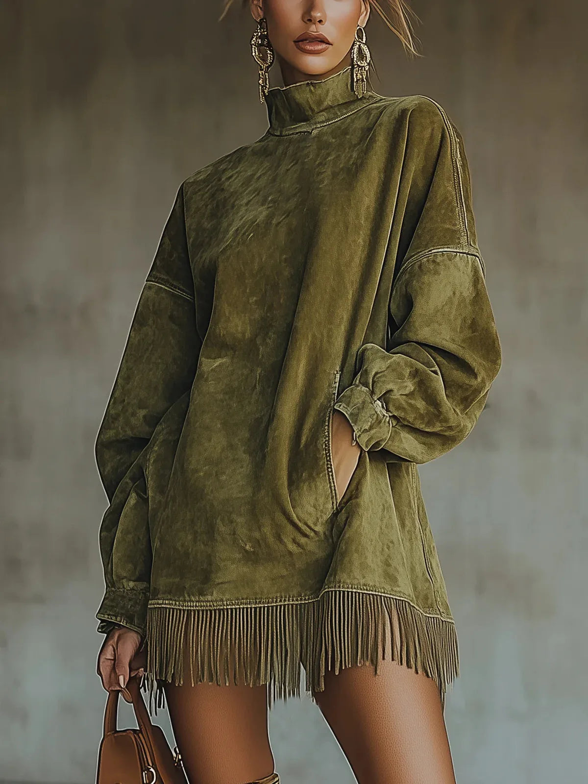 Women's high-neck fringe-hem tunic dress with balloon sleeves, green, front view