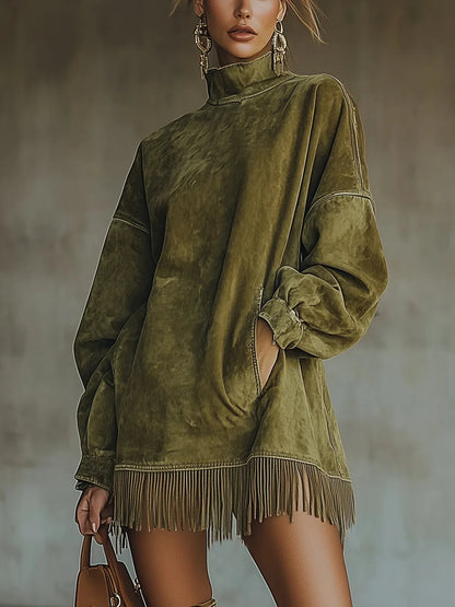 Women's high-neck fringe-hem tunic dress with balloon sleeves, green, front view