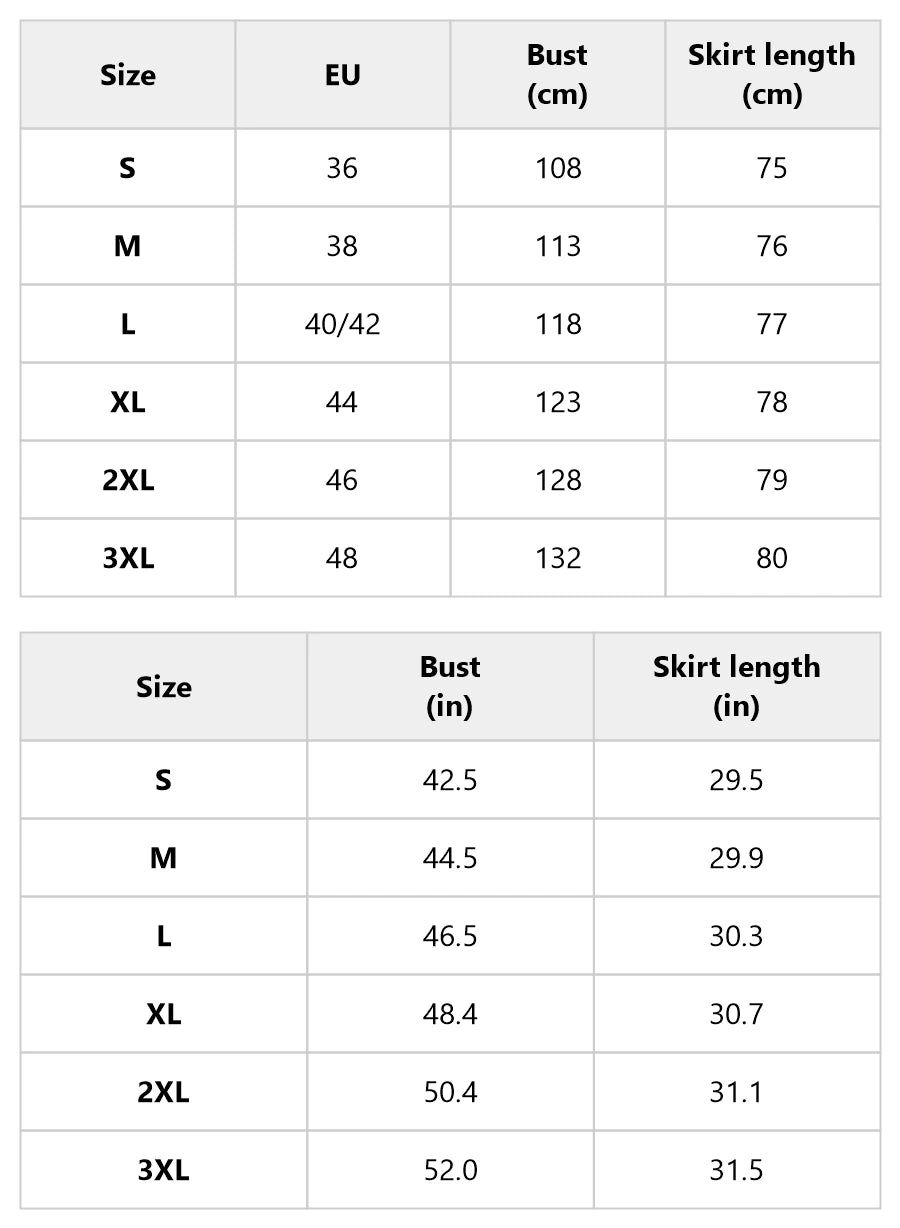 Size chart for the high-neck fringe-hem tunic dress with balloon sleeves