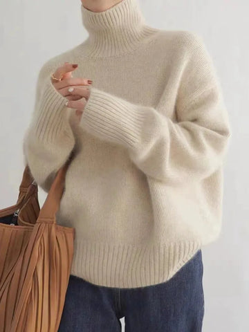 Women's high-neck soft sweater, beige, front view with tote bag