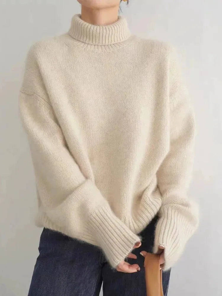Women's high-neck soft sweater, beige, front view