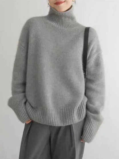 Women's high-neck soft sweater, grey, front view