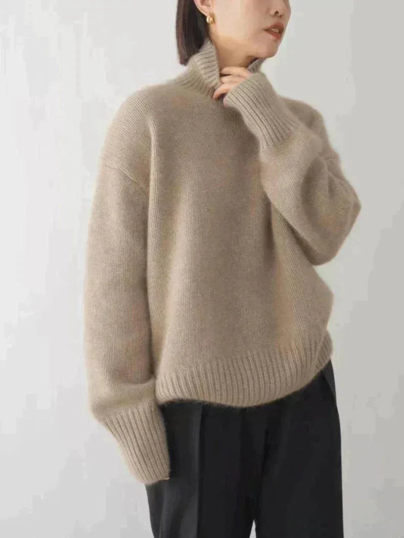 Women's high-neck soft sweater, khaki, front view