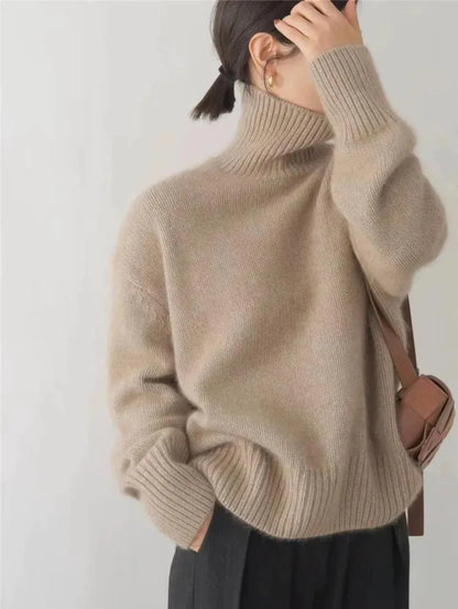 Women's high-neck soft sweater, khaki, three-quarter view