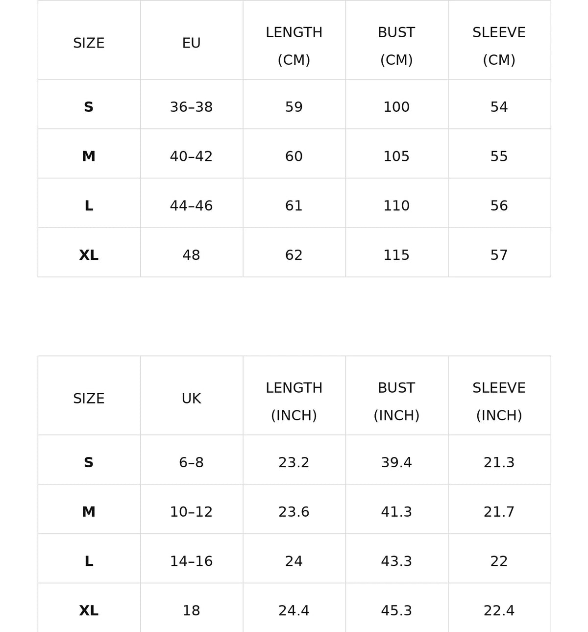 Size chart for the high-neck soft-touch sweater