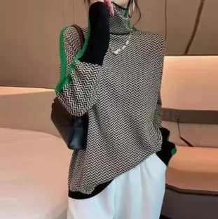 Women's high-neck sweater with contrast sleeve stripes, green, front view with bag
