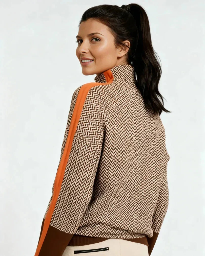 Women's high-neck sweater with contrast sleeve stripes, orange, back view