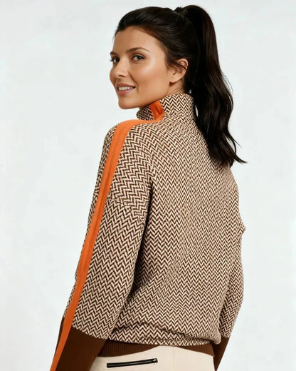 Women's high-neck sweater with contrast sleeve stripes, orange, back view