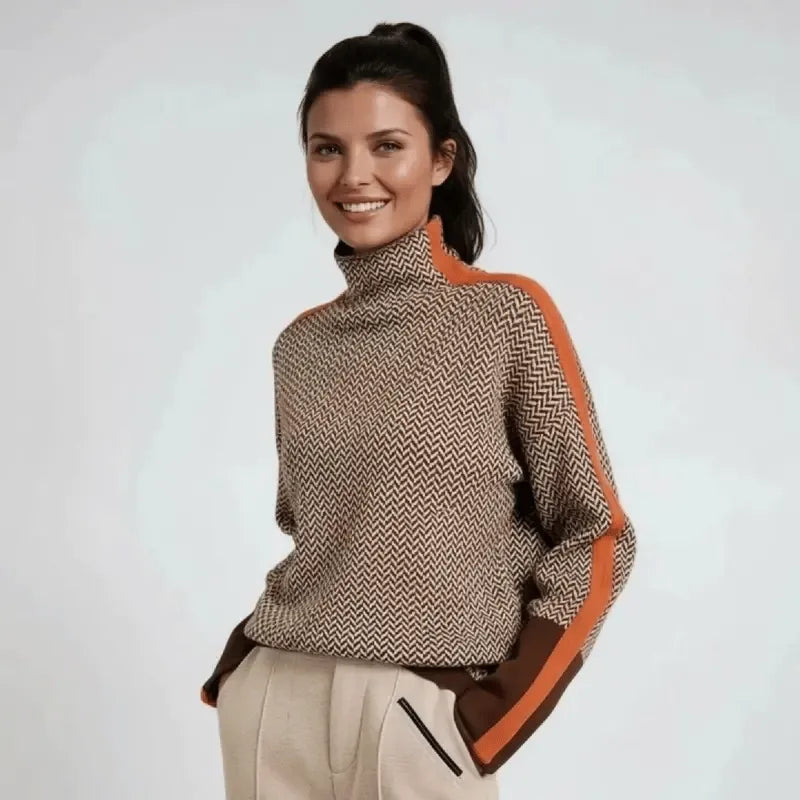 Women's high-neck sweater with contrast sleeve stripes, orange, front view